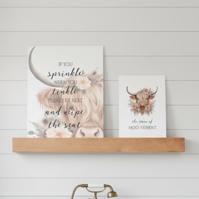 Floral Highland Cow Bathroom Wall Art Set Picture Ledge (floral highland cow bathroom wall art funny quote sayings wall decor display set)