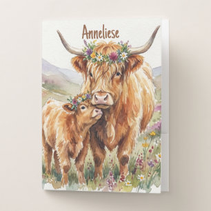 Floral Highland Cow Mother & Calf Rustic Farmhouse Pocket Folder