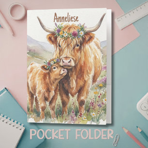 Floral Highland Cow Mother & Calf Rustic Farmhouse Pocket Folder