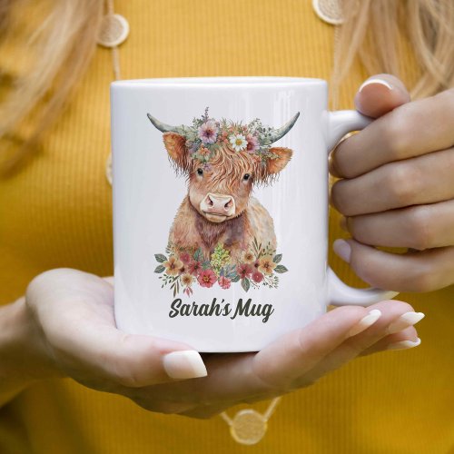 Floral Highland Cow Personalized Coffee Coffee Mug