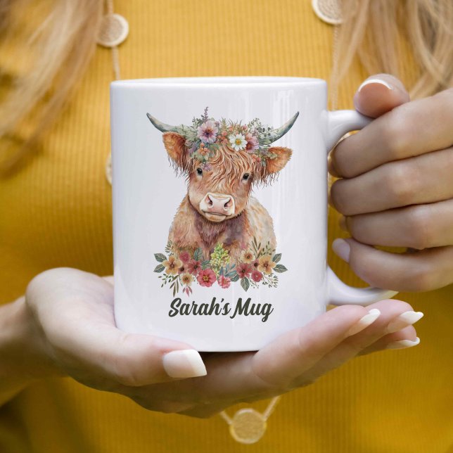 Floral Highland Cow Personalized Coffee Coffee Mug (Creator Uploaded)