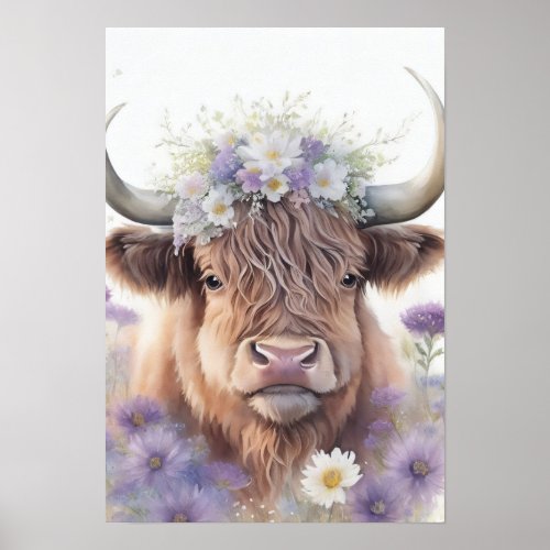 Floral Highland Cow Poster