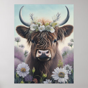 Floral Highland Cow Poster