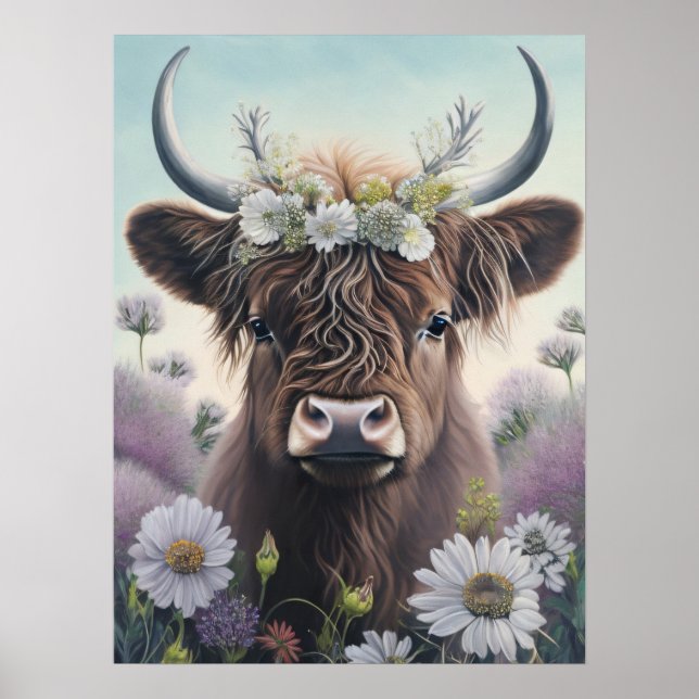 Floral Highland Cow Poster (Front)