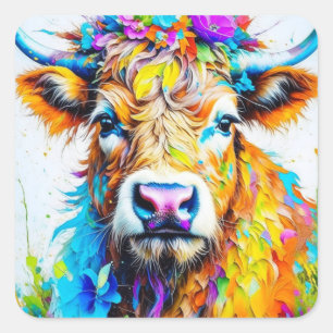 Floral Highland Cow Square Sticker