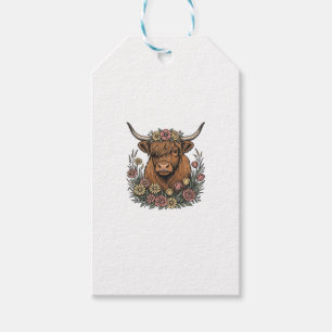 Floral Highland Cow Vintage Engraving Design_1 Gift Tags