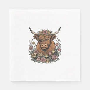 Floral Highland Cow Vintage Engraving Design_1 Napkins