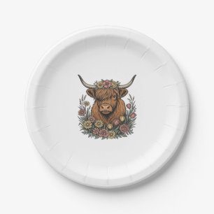Floral Highland Cow Vintage Engraving Design_1 Paper Plates