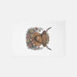 Floral Highland Cow Vintage Engraving Design_1 Rug