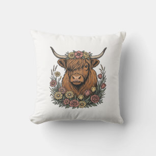 Floral Highland Cow Vintage Engraving Design_1 Throw Pillow