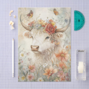 Floral Highland Cow Vintage Illustration Decoupage Tissue Paper