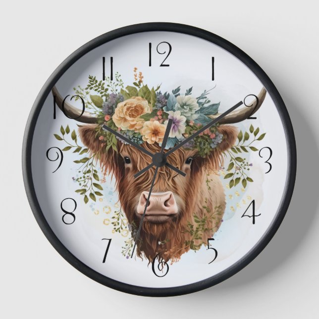 Floral Highland Cow Watercolor Clock (Front)
