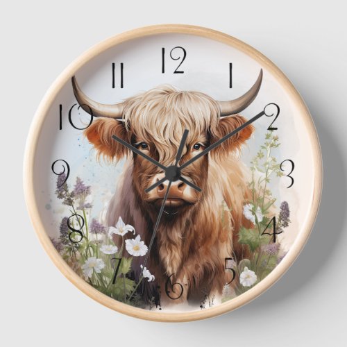 Floral Highland Cow Watercolor Clock