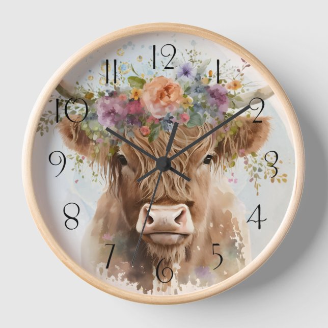 Floral Highland Cow Watercolor Clock (Front)