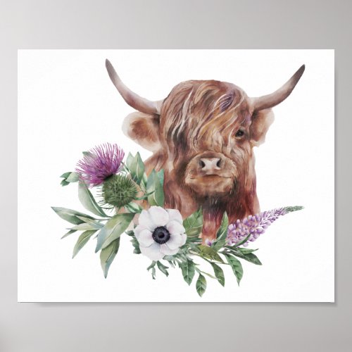Floral Highland Cow Watercolor Decoupage Print