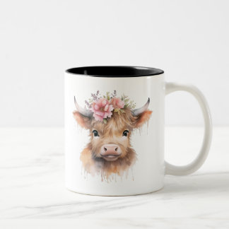 Floral Highland Cow Watercolor Two-Tone Coffee Mug