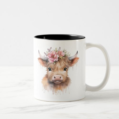 Floral Highland Cow Watercolor Two_Tone Coffee Mug