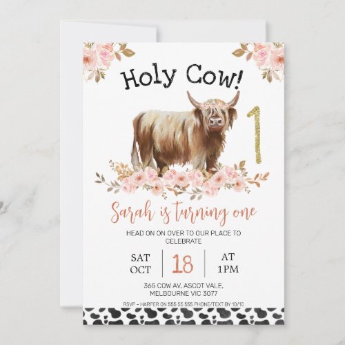 Floral Highland Holy Cow Cow Print First Birthday Invitation