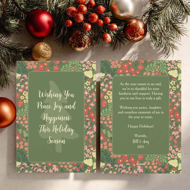 Floral Holiday Card - Custom Message, Name & Date (Personalized Elegant Floral Holiday Flat Card)