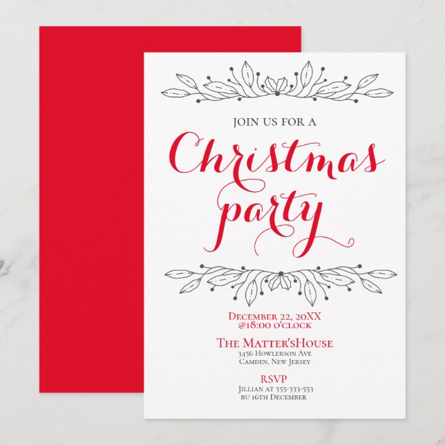 Floral Holiday Christmas Red Gray Party Minimal Invitation (Front/Back)