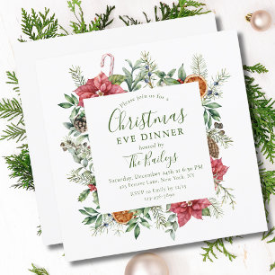 Floral Holiday Frame Christmas Eve Dinner Invitation