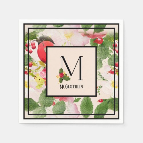Floral Holiday Monogram Letter M Family Name Paper Napkins