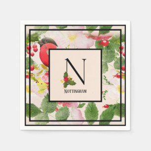 Floral Holiday Monogram Letter N Family Name Paper Napkins
