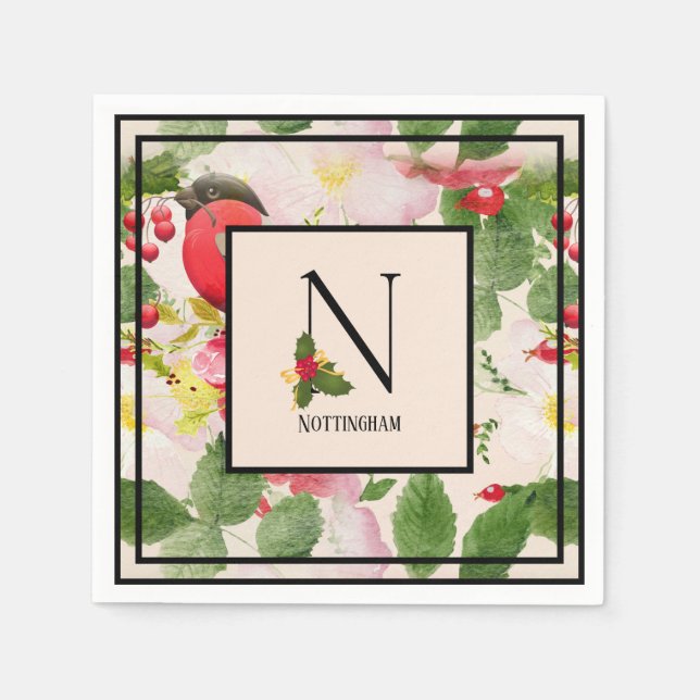 Floral Holiday Monogram Letter N Family Name Paper Napkins (Front)