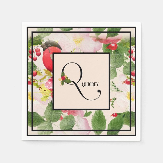 Floral Holiday Monogram Letter Q Family Name Paper Napkins (Front)