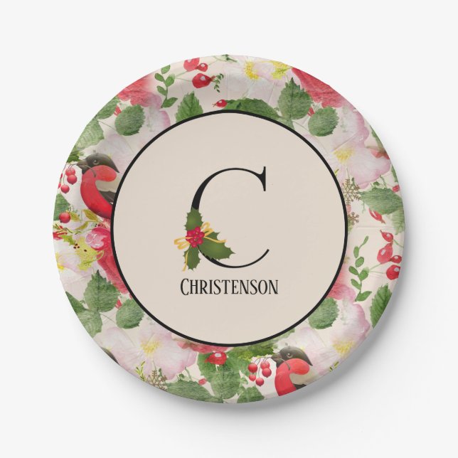 Floral Holiday Pattern Monogram Initial C Paper Plates (Front)