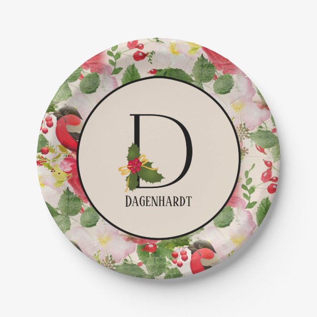 Floral Holiday Pattern Monogram Initial D Paper Pl Plates (Front)