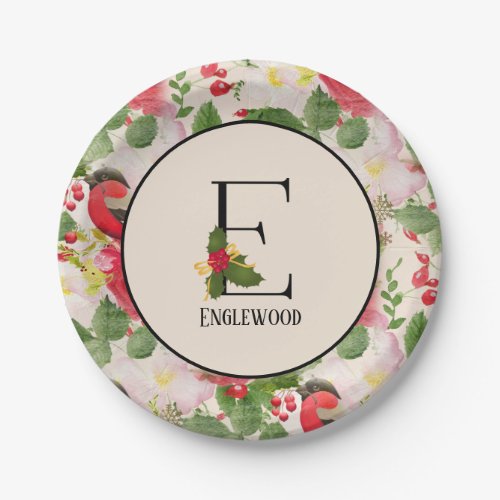 Floral Holiday Pattern Monogram Initial E Paper Plates