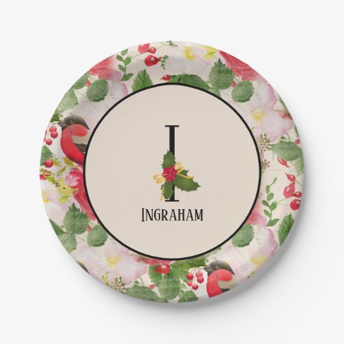 Floral Holiday Pattern Monogram Initial I Paper Plates