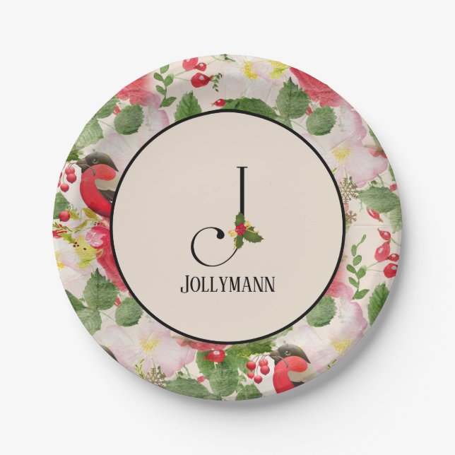 Floral Holiday Pattern Monogram Initial J Paper Plates (Front)