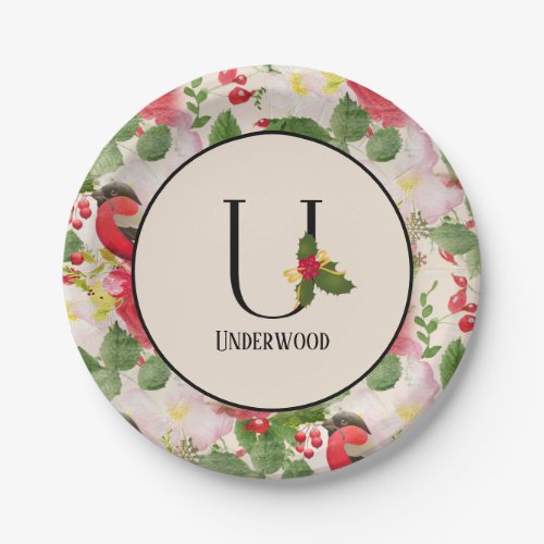 Floral Holiday Pattern Monogram Initial U Paper Plates