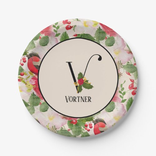 Floral Holiday Pattern Monogram Initial V Paper Plates