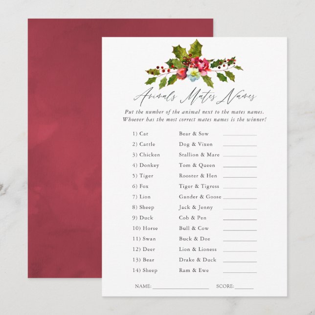 Floral Holly Christmas Bridal Shower Game Invitation (Front/Back)