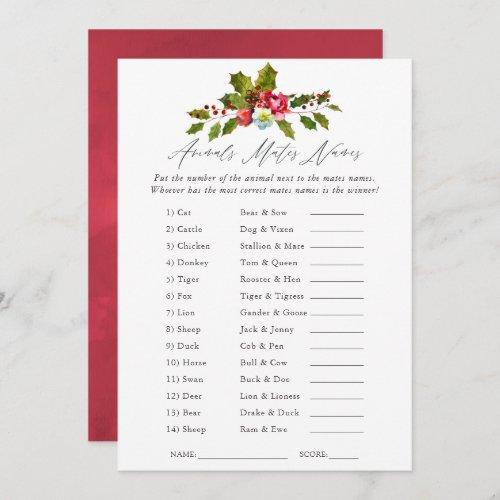 Floral Holly Christmas Bridal Shower Game Invitation