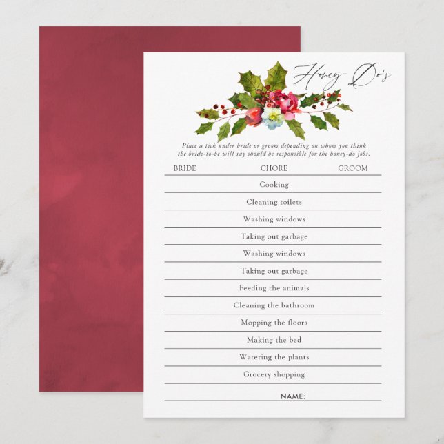 Floral Holly Christmas Bridal Shower Game Invitation (Front/Back)