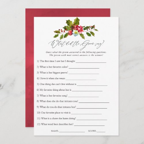 Floral Holly Christmas Bridal Shower Game Invitation