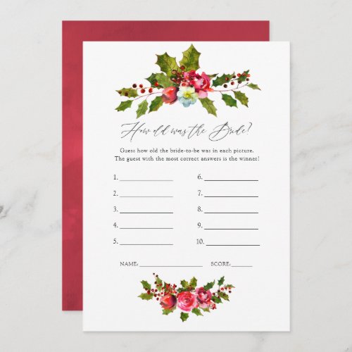 Floral Holly Christmas Bridal Shower Game Invitation