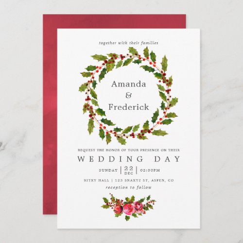Floral Holly Christmas Wedding Watercolor Invite