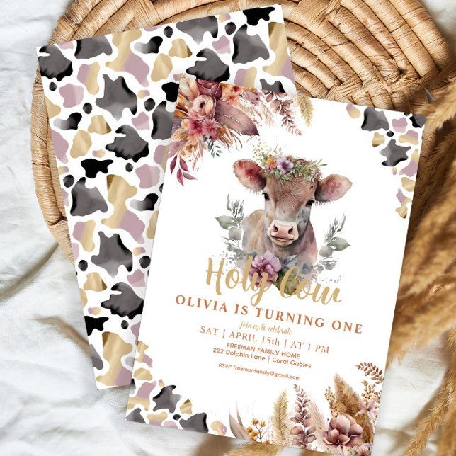 Floral Holy Cow First Birthday Girl Invite (Creator Uploaded)