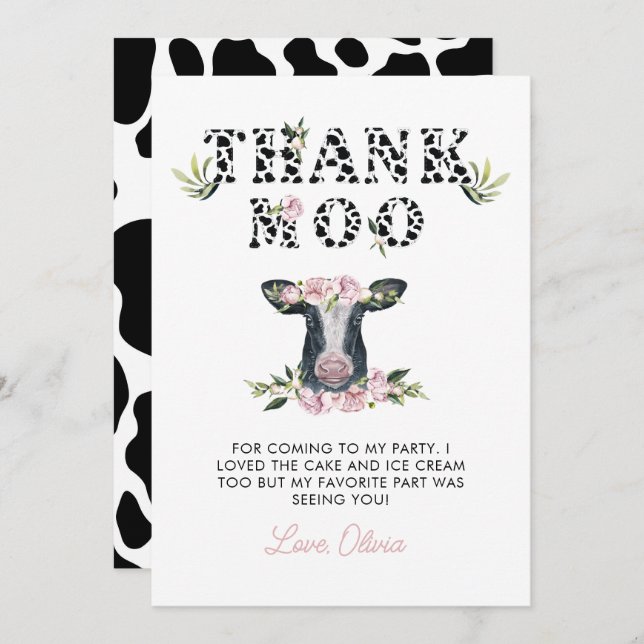 Floral Holy Cow Thank Moo Birthday  Thank You Card (Front/Back)