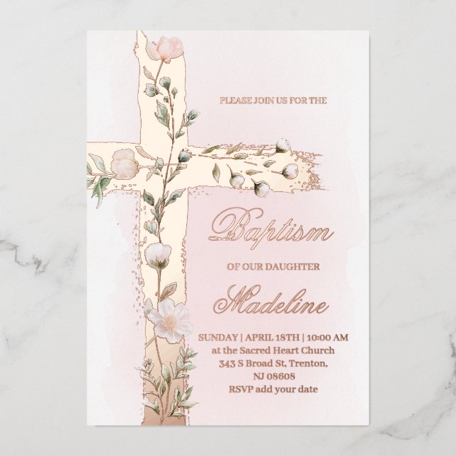 floral Holy cross Baptism Foil Invitation (Front)