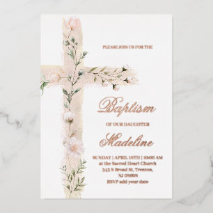 floral Holy cross Baptism Foil Invitation