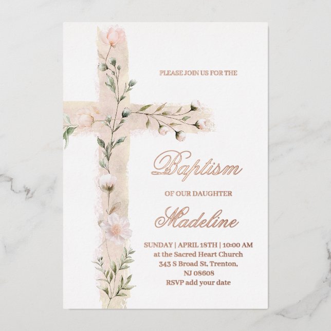 floral Holy cross Baptism Foil Invitation (Front)