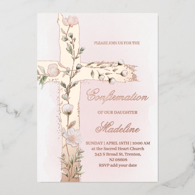 floral Holy cross Confirmation Foil Invitation (Front)