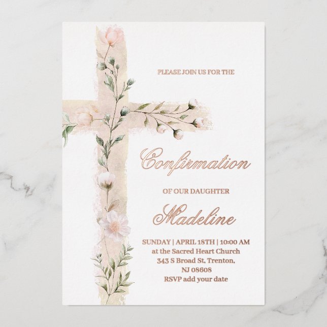 floral Holy cross Confirmation Foil Invitation (Front)