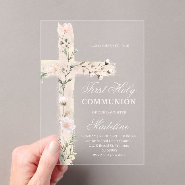 floral Holy cross First Communion Acrylic Invitations (Insitu (Handheld))